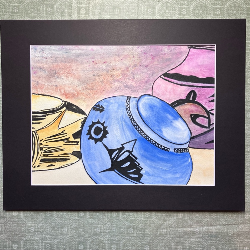 Vibrant Blue and Pink Southwest Ceramic Pots Watercolor Art Painting